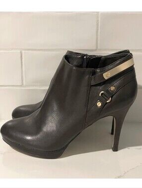 Marc Fisher Dark Brown Leather High Heel Ankle Boots with Gold Accents